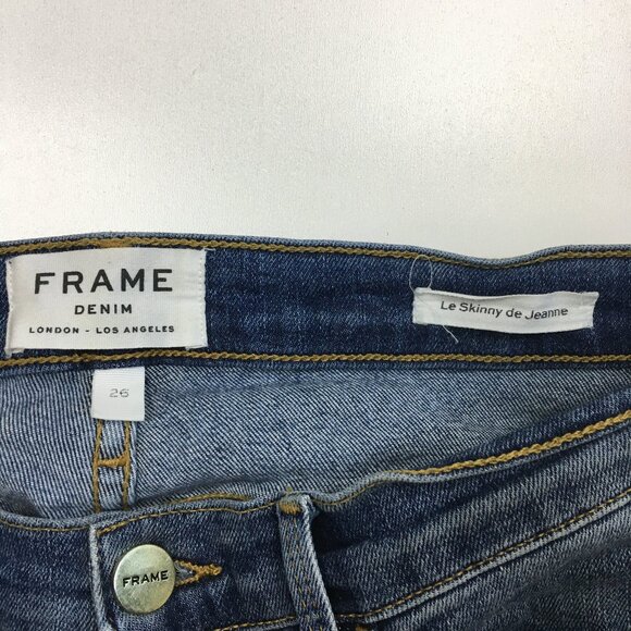 FRAME Le Skinny De Jeanne Knickerson Wash Raw Hem Logo Hardware Distressed Jeans - Picture 2 of 14